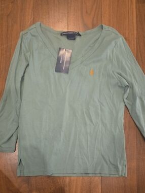 Ralph Lauren Mint Green V-Neck Long Sleeve Tee with Orange Pony